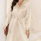 Lace Trim V Neck Tie Waist Long Sleeve Dress