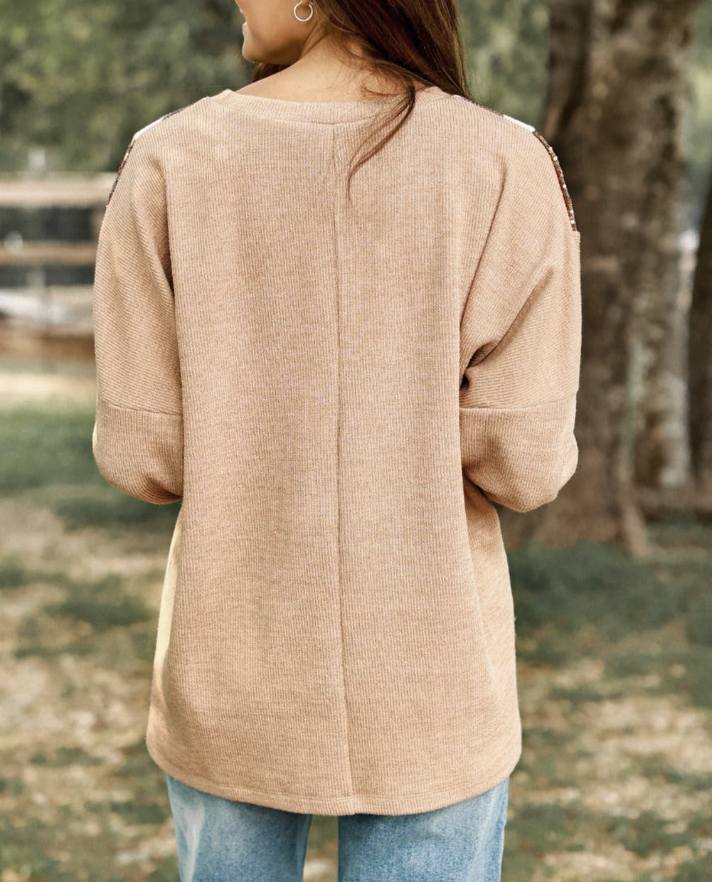 Abstract Print Sequin Patch Pullover Top