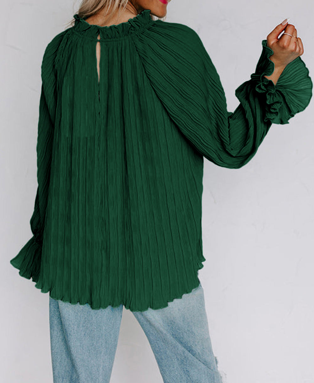Striking Pleated Flared Cuff Long Sleeve Blouse