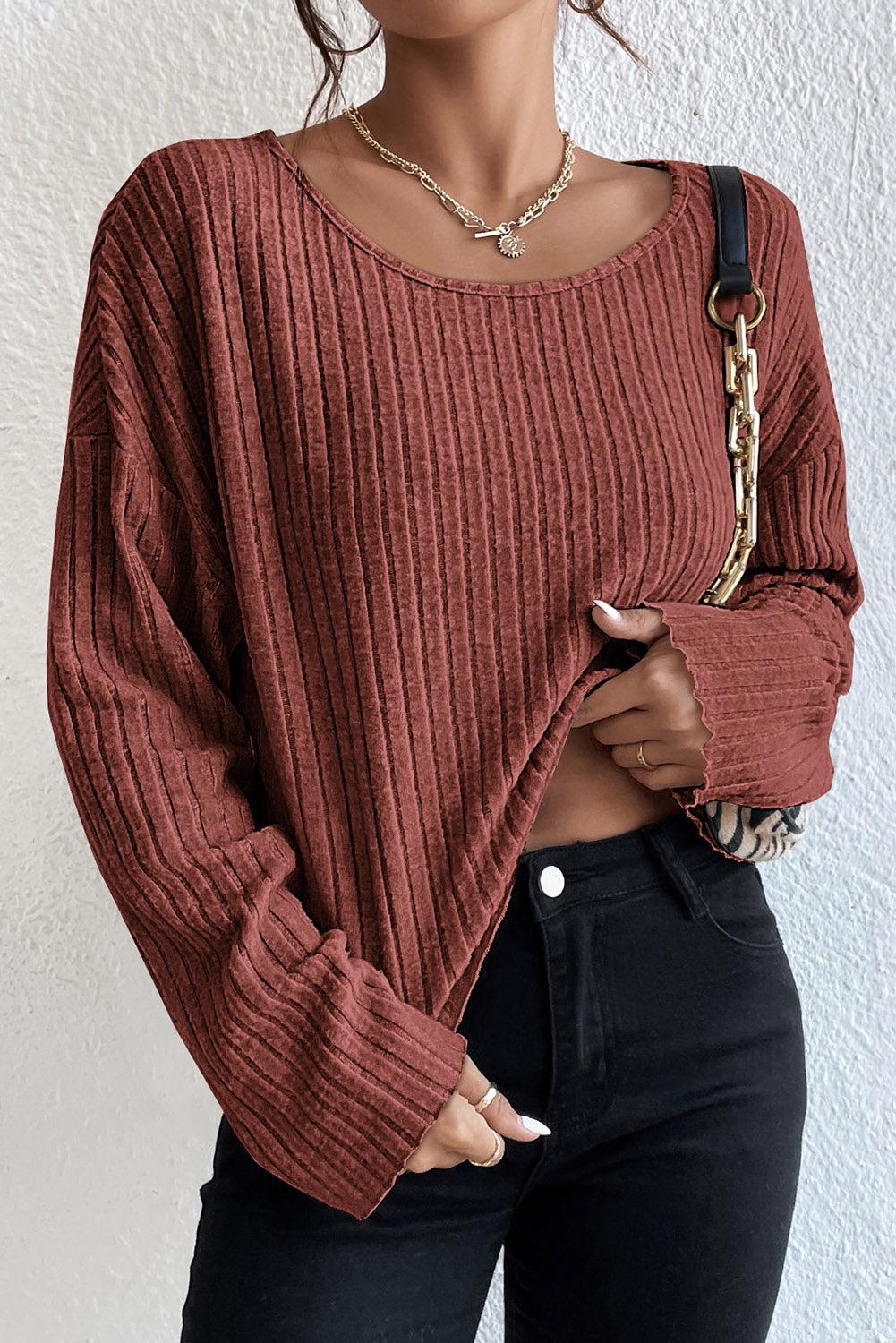 Lettuce Cuffs Drop Shoulder Loose Ribbed Knit Top