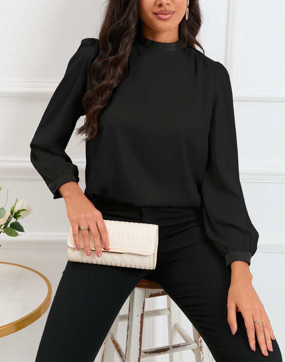 Color Block Bow Back Mock Neck Blouse