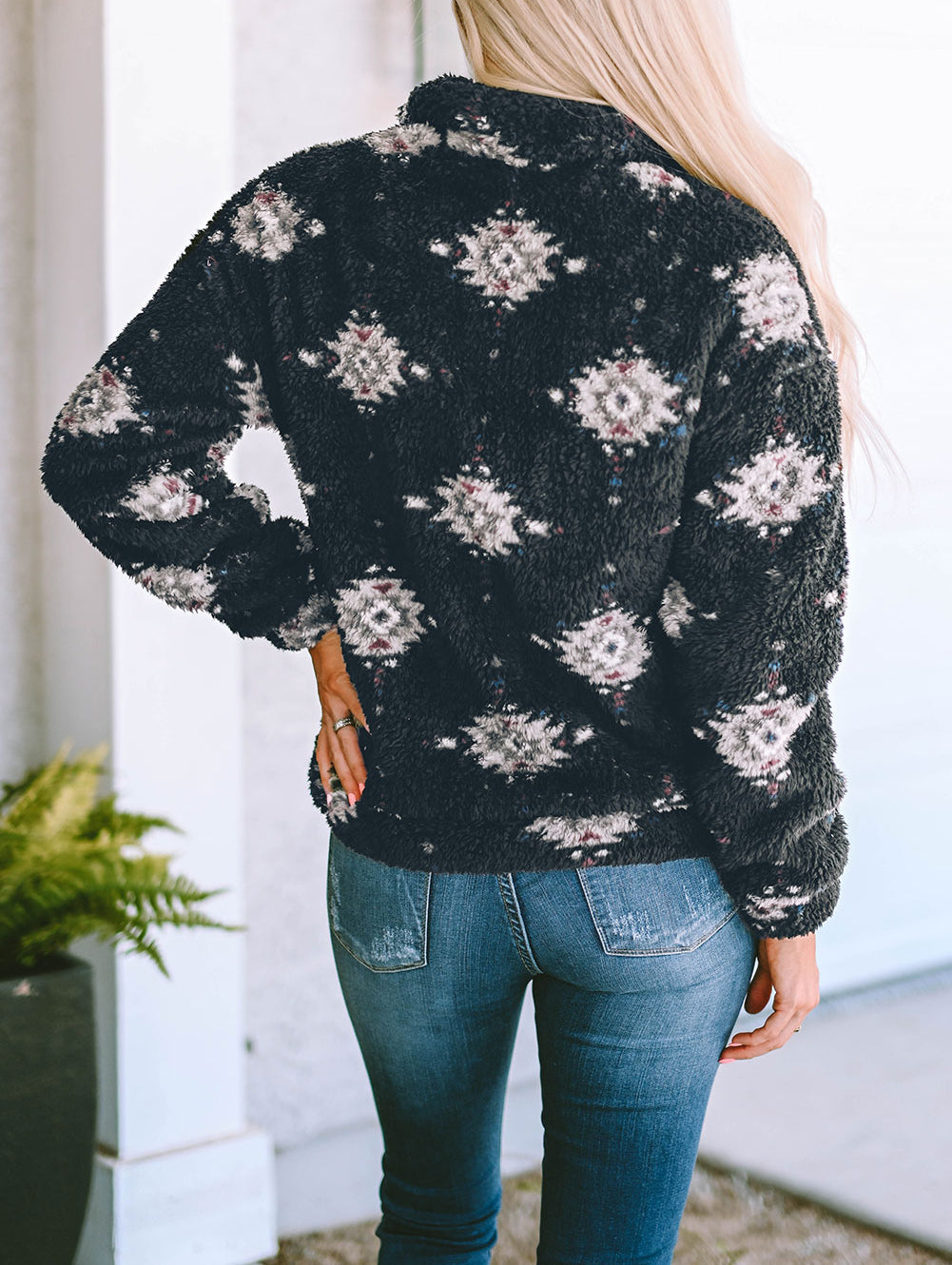 Aztec Pattern Zipper Collared Sherpa Jacket