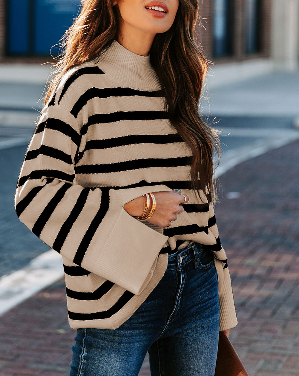 Striped Mock Neck Bell Sleeve Knit Sweater