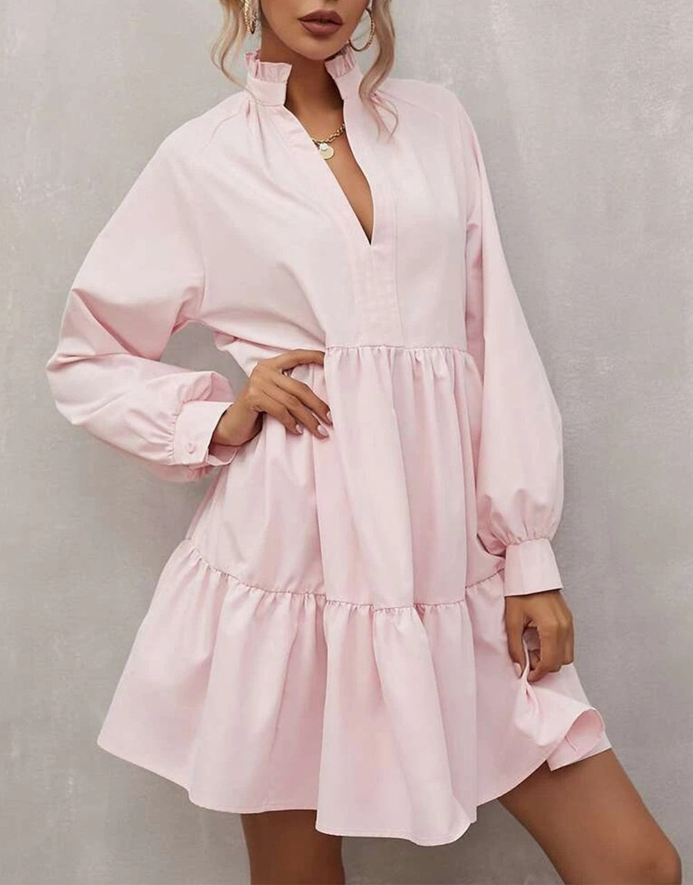 Frilled Stand Collar Long Sleeve Ruffle Dress