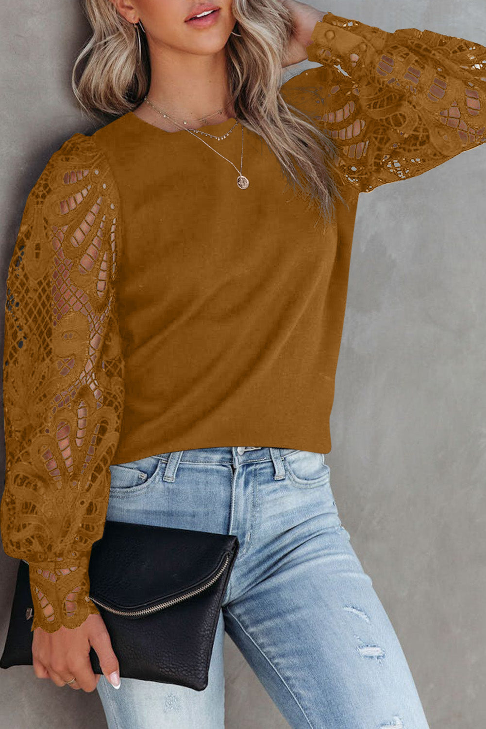 Crochet Sleeve Crew Neck Blouse