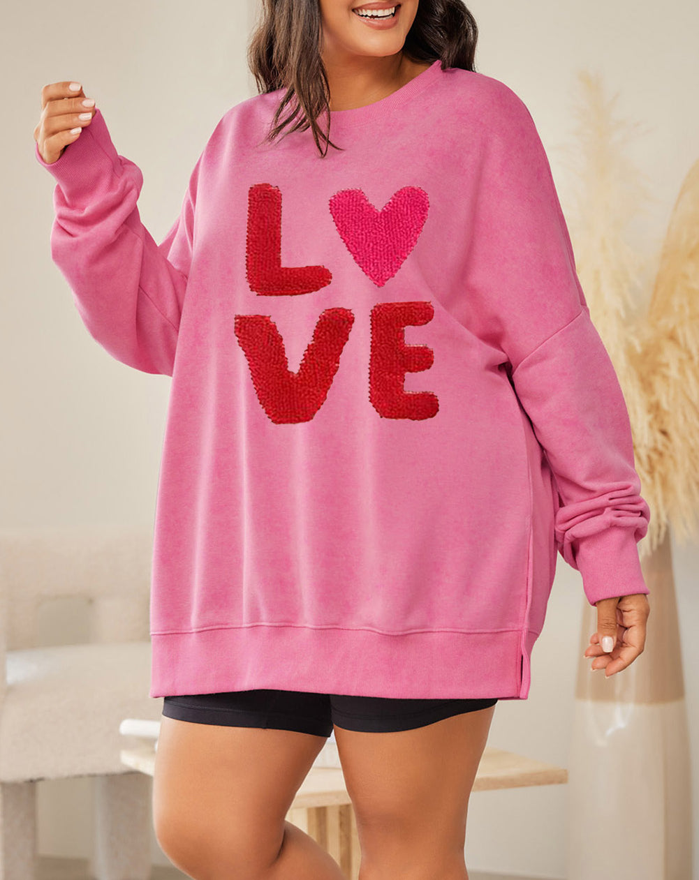LOVE Letter Embroidered Graphic Split Curvy Sweatshirt