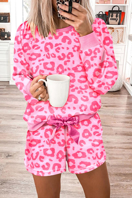 Leopard Long Sleeve Satin Tie Shorts Two Piece Set