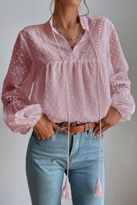 Swiss Dot Drawstring Balloon Sleeve Babydoll Blouse