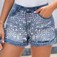 Sparkling Crocodile Print Raw Hem Denim Shorts