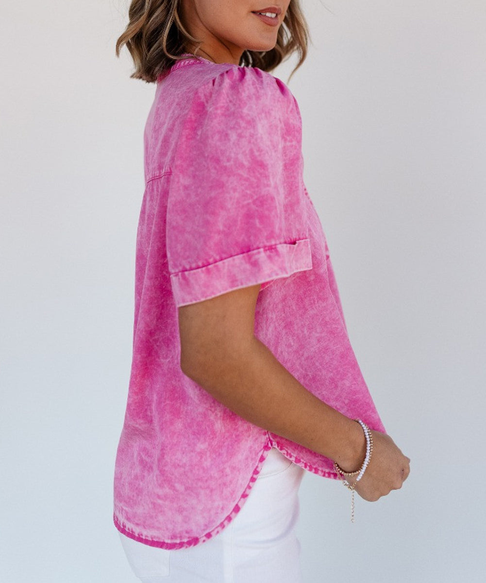 Mineral Wash Split Neck Pocket Patched Denim Top