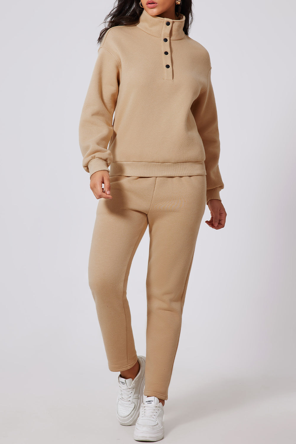 Solid Half Button Sweatshirt and High Waist Sweatpants Set