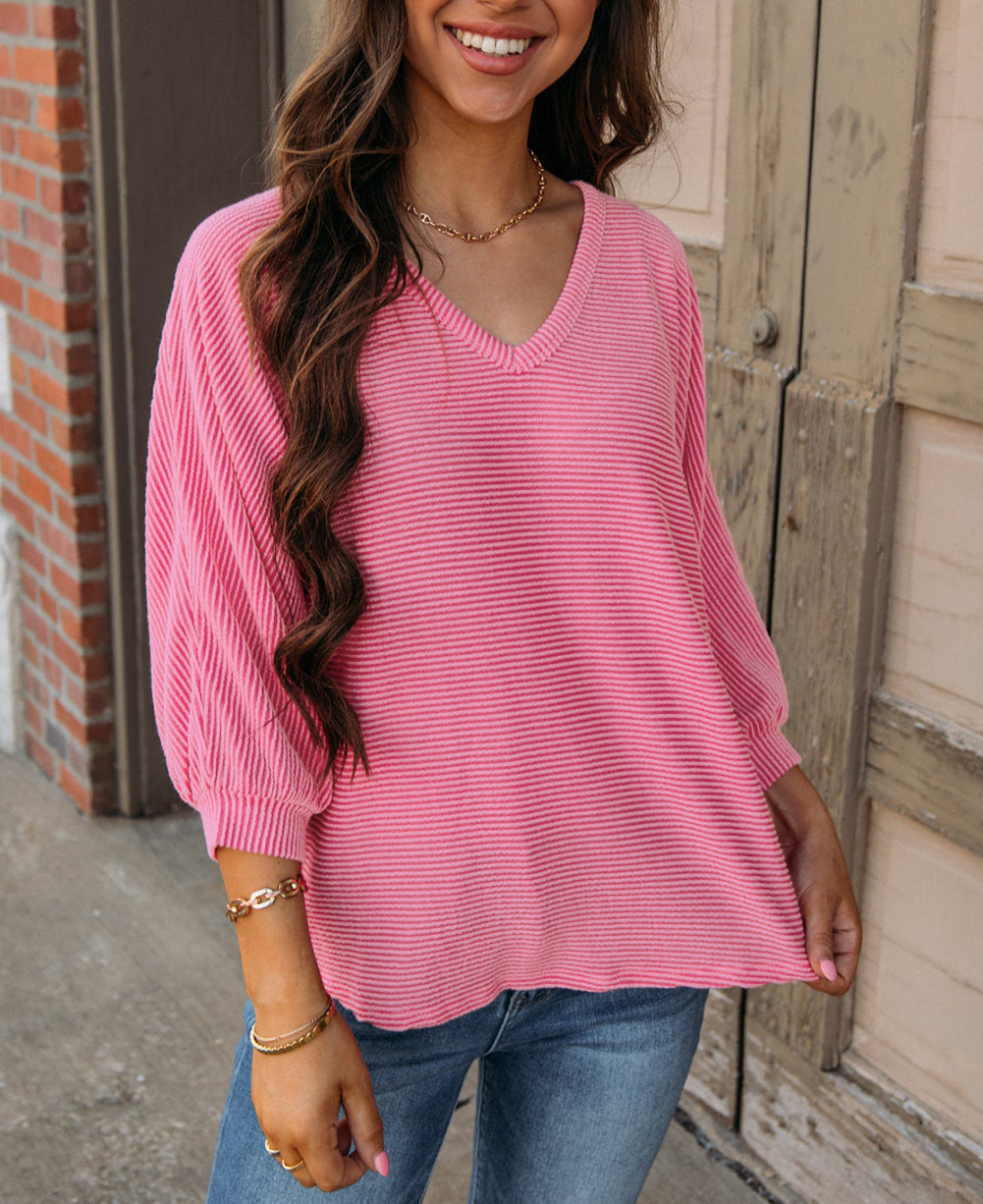 Striped Print Bracelet Sleeve V Neck Top