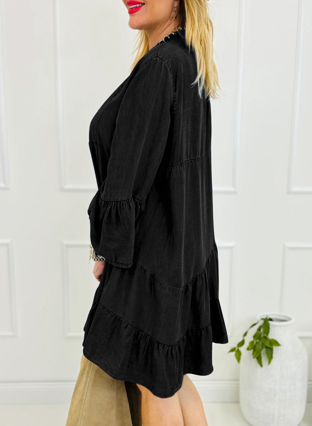 Chambray Ruffled 3/4 Sleeve Tiered Split V Neck Mini Dress