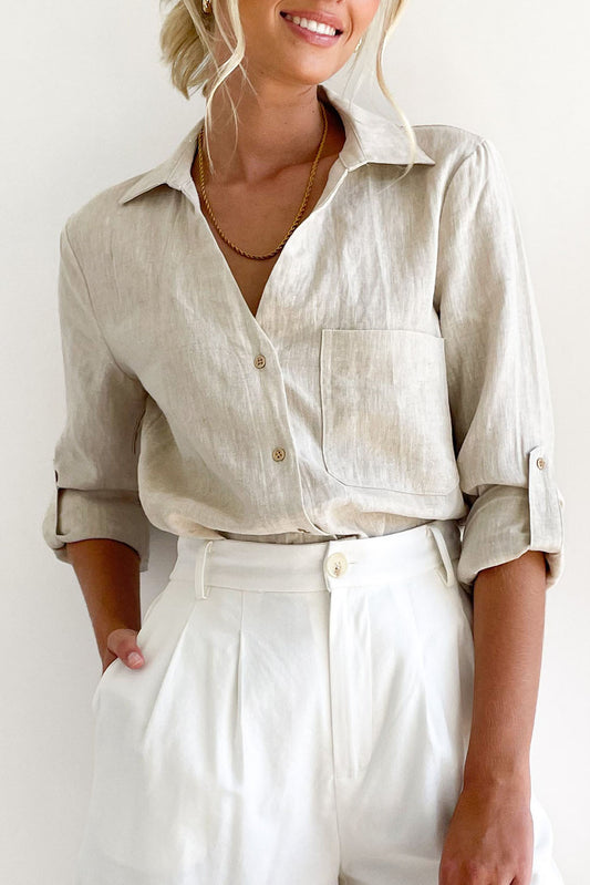 Beige Roll Tab Long Sleeve Relaxed Linen Shirt
