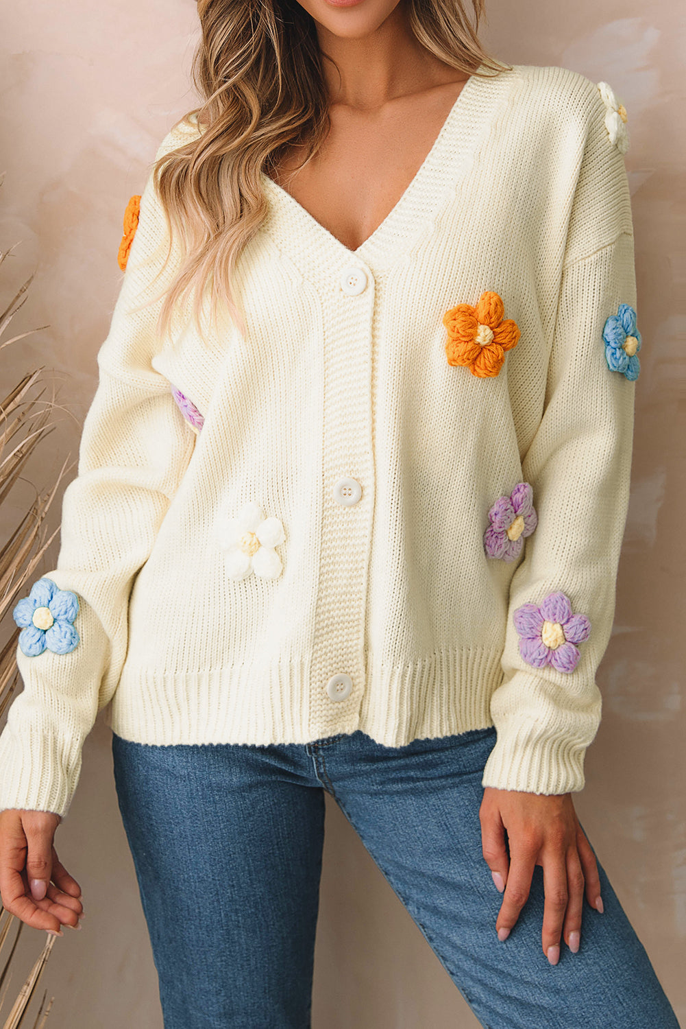 Cute Flower Embellished Buttoned Cardigan Sweater