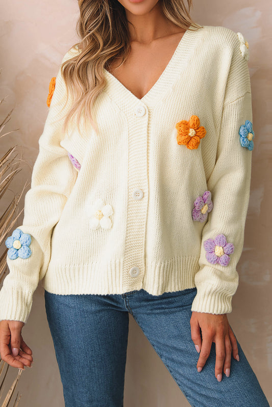Cute Flower Embellished Buttoned Cardigan Sweater
