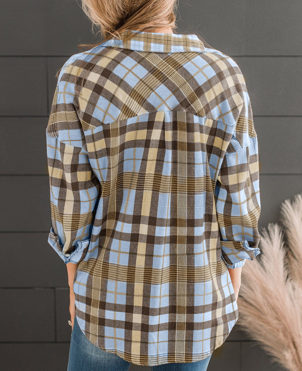 Drop Shoulder Rounded Hem Plaid Pattern Shirt