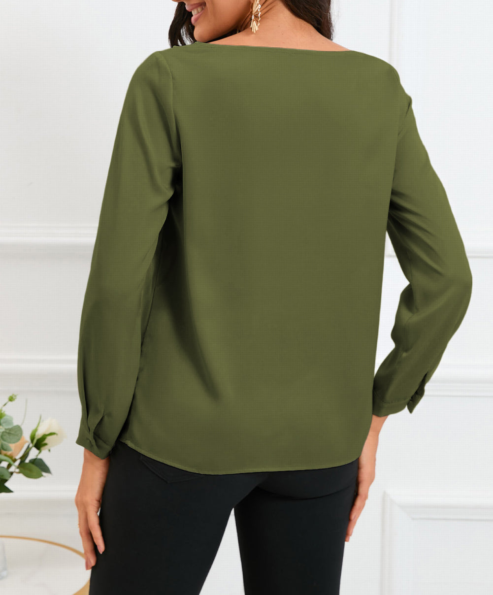 Solid Asymmetric V Neck Long Sleeve Satin Blouse