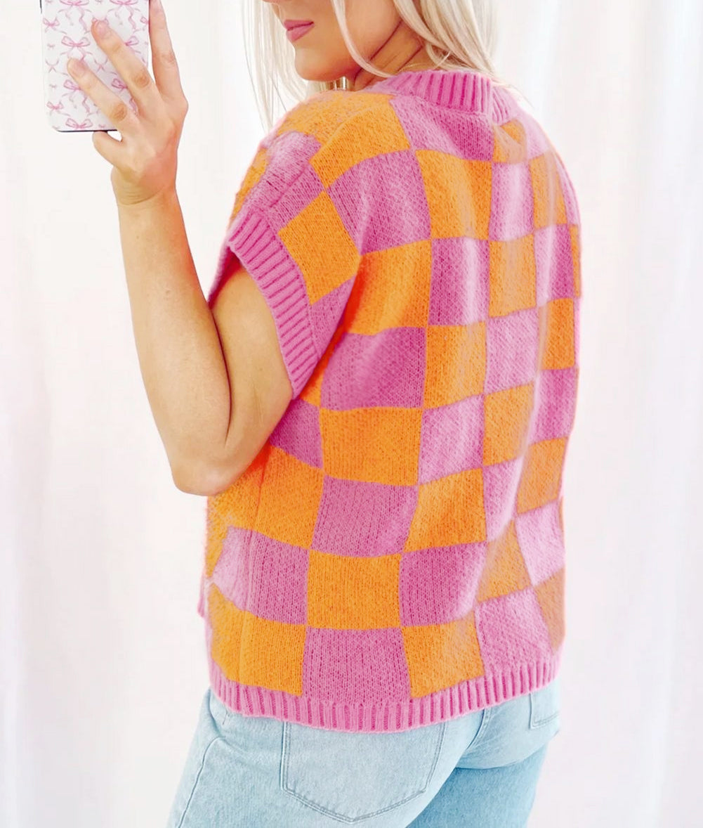 Colorblock Plaid Pattern Ribbed Trim Sweater Tank Top