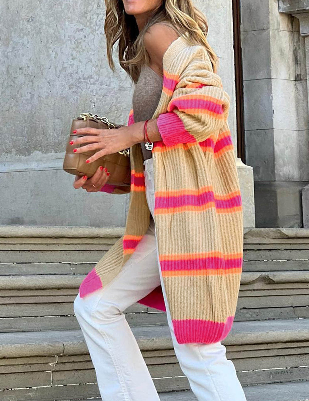 Printed Ribbed Long Knitted Cardigan