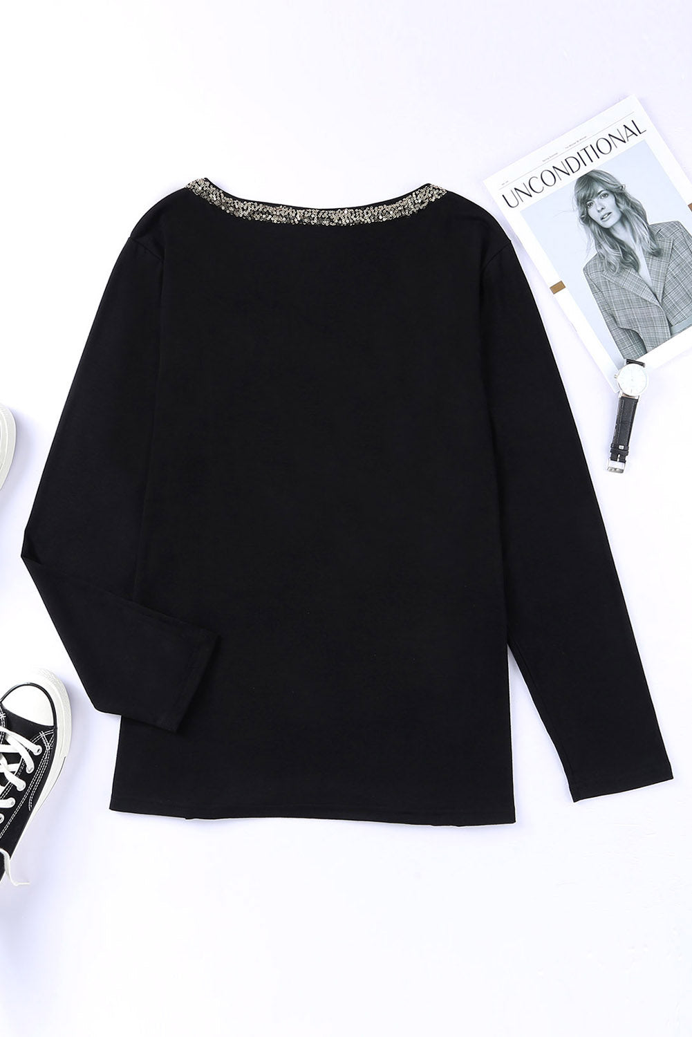 Glitter V Neck Chest Pocket Long Sleeve Top