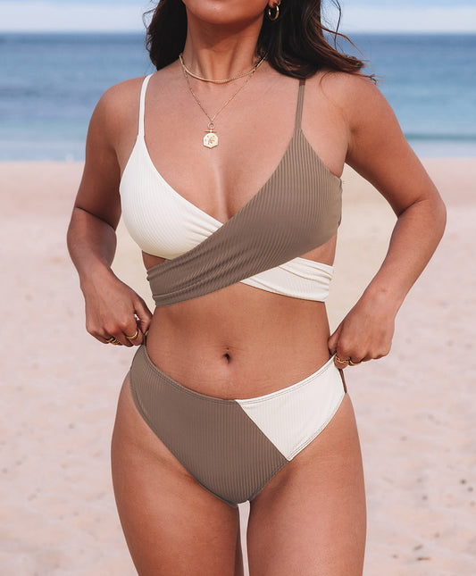 Khaki Color Block Knot Back Wrap Bikini Swimsuit