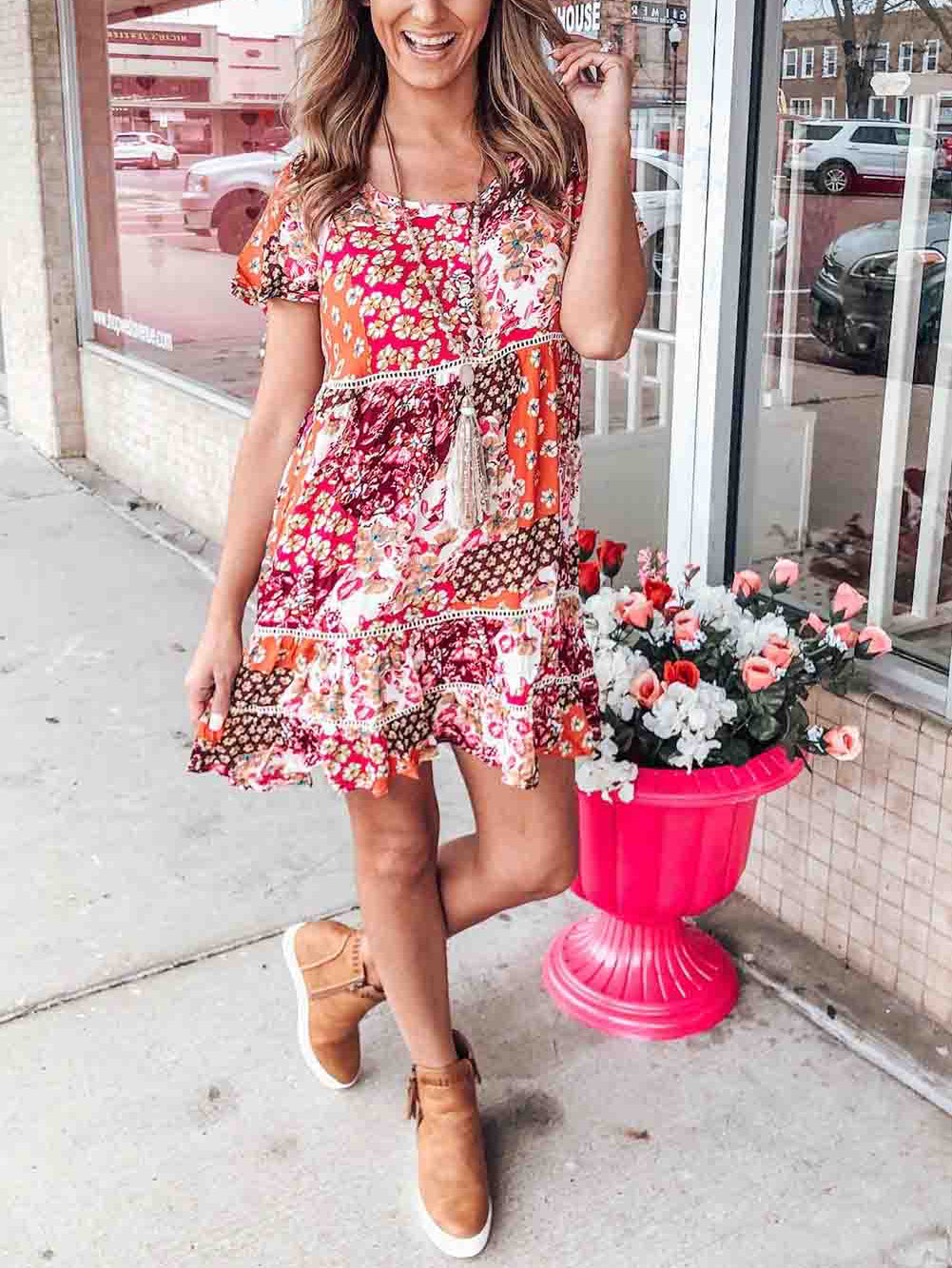 Vintage Boho Print Short Sleeve Shift Dress