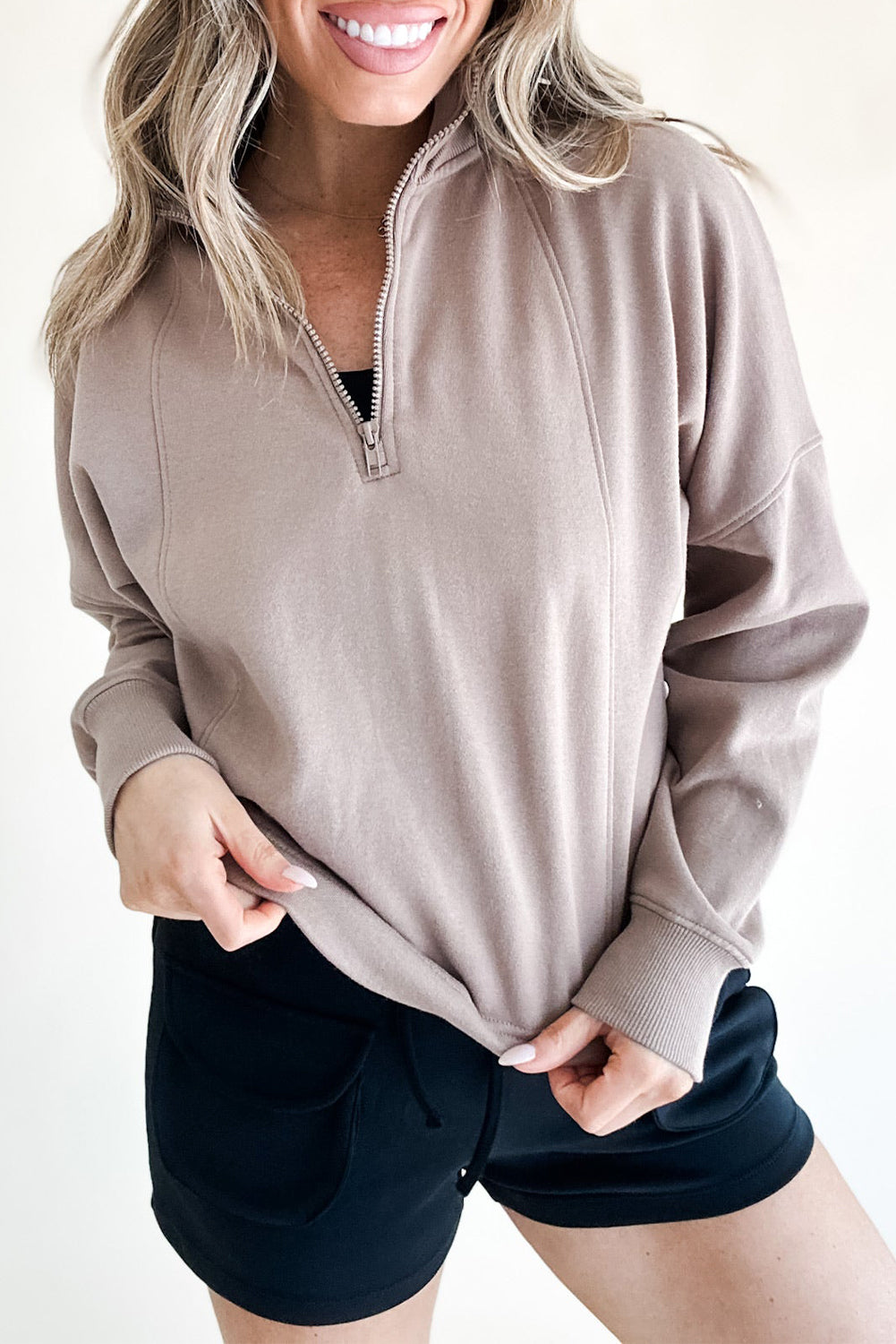 Zipped Neck Pullover Drop Shoulder Sweatshirt