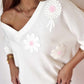 Flower Applique Texture Knitted V Neck Top