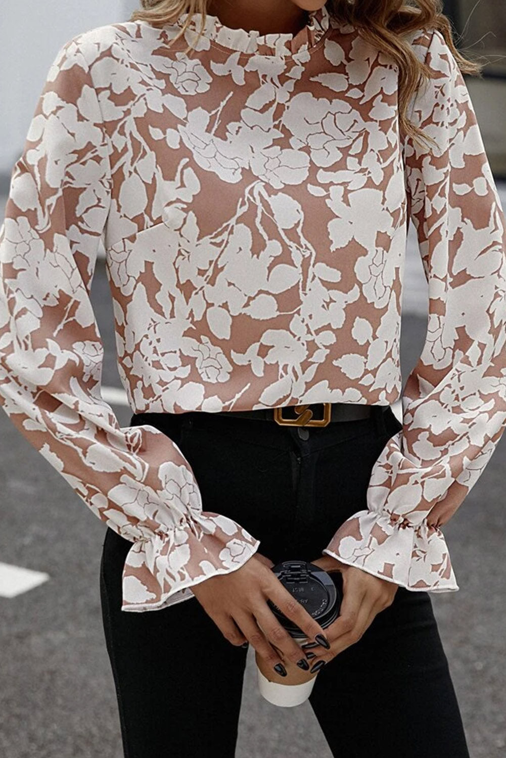 Floral Print Frilled Neckline Flounce Sleeve Blouse