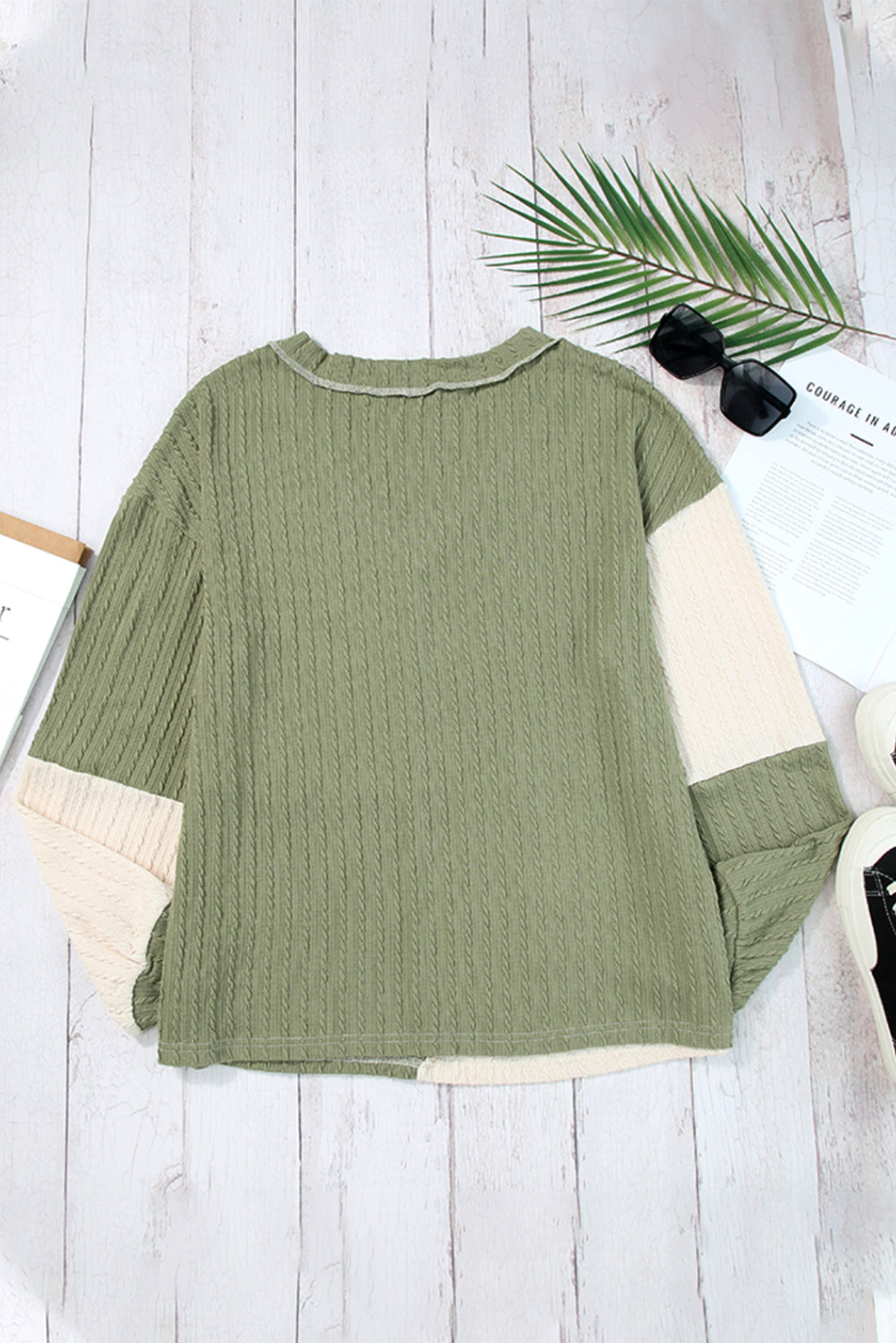 Textured Colorblock Long Sleeve V Neck Top