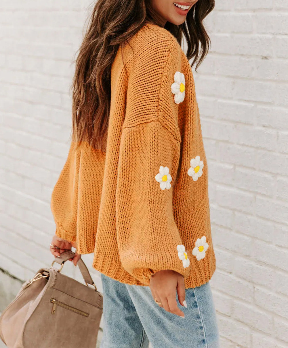 Flower Applique Bubble Sleeve Cardigan