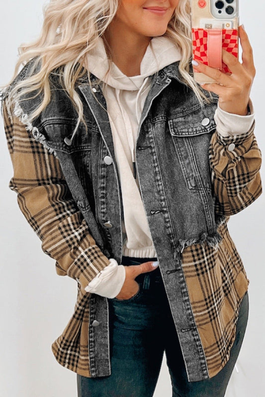 Plaid Patch Distressed Flap Pocket Denim Shacket