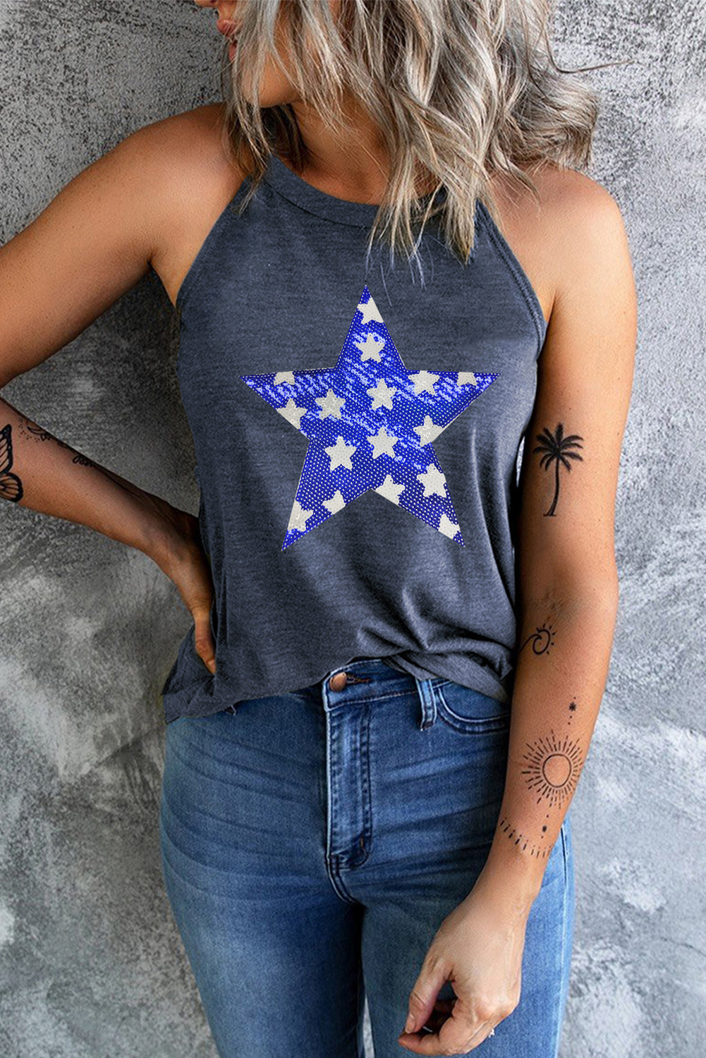 Sequin Star Graphic Shift Tank Top