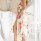 Strapless Shirred Abstract Print Split Long Dress