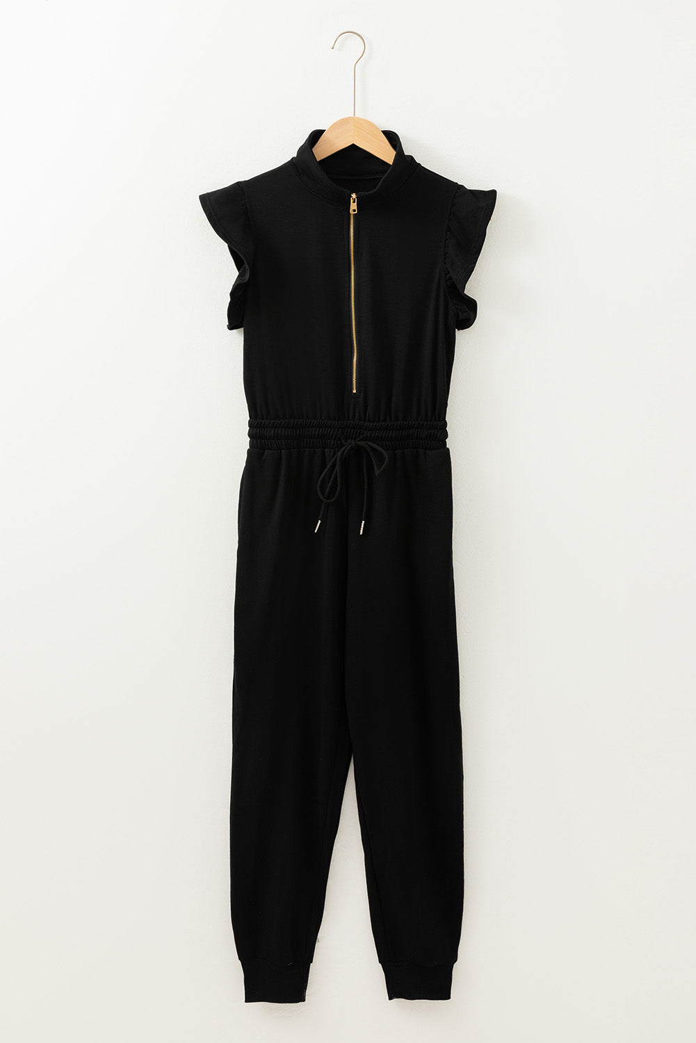 Zipper Flutter Sleeve Drawstring High Waist Jumpsuit