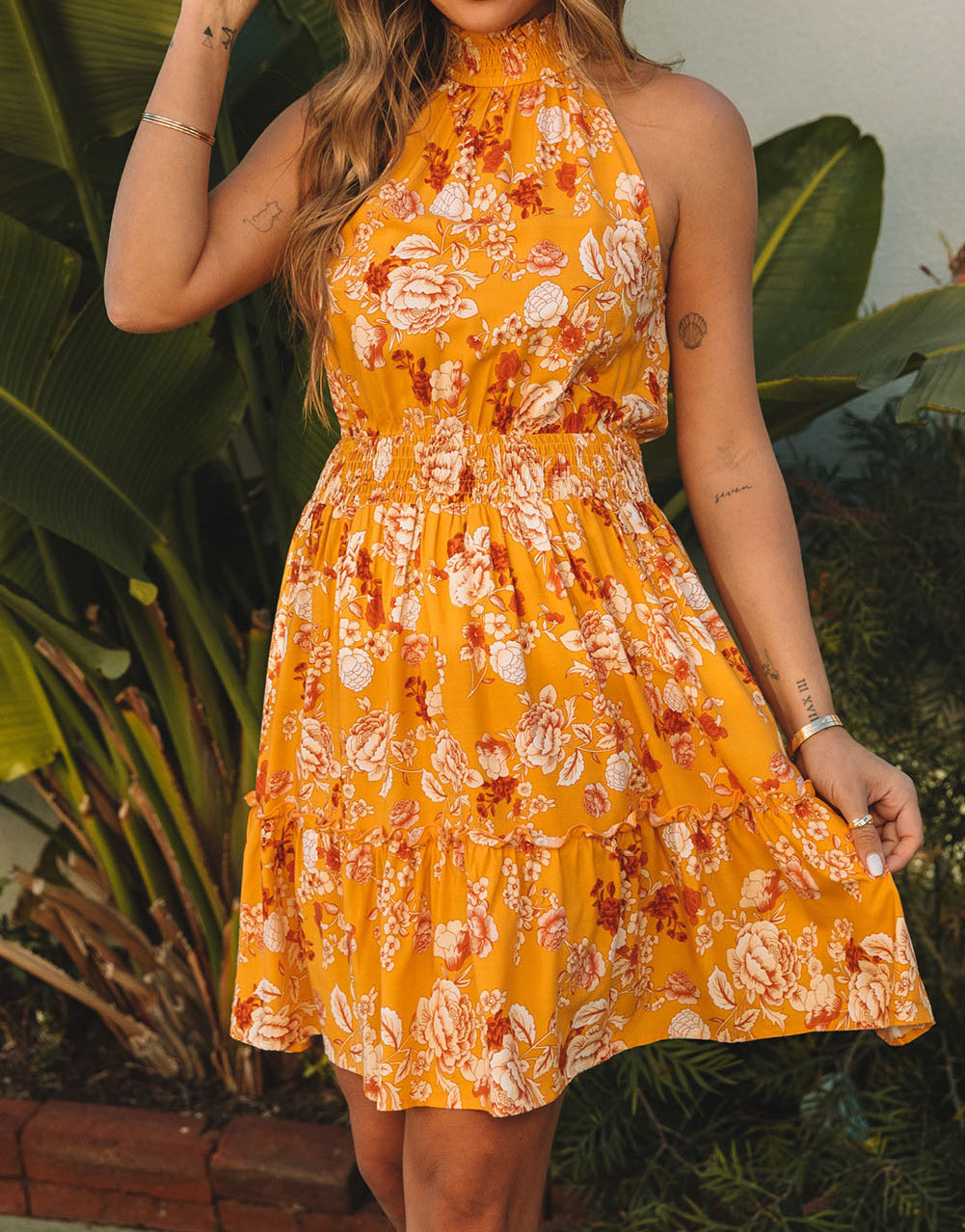 Yellow Sleeveless Smocked Waist Floral Dress