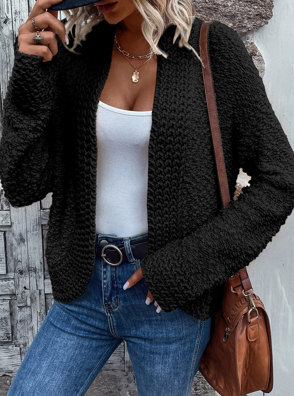 Popcorn Knit Open Front Cardigan