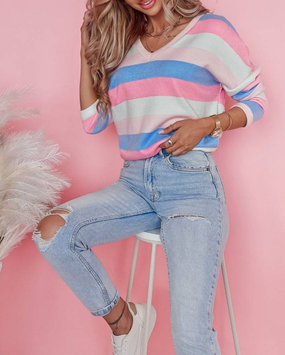 Contrast Striped V Neck Long Sleeve Top