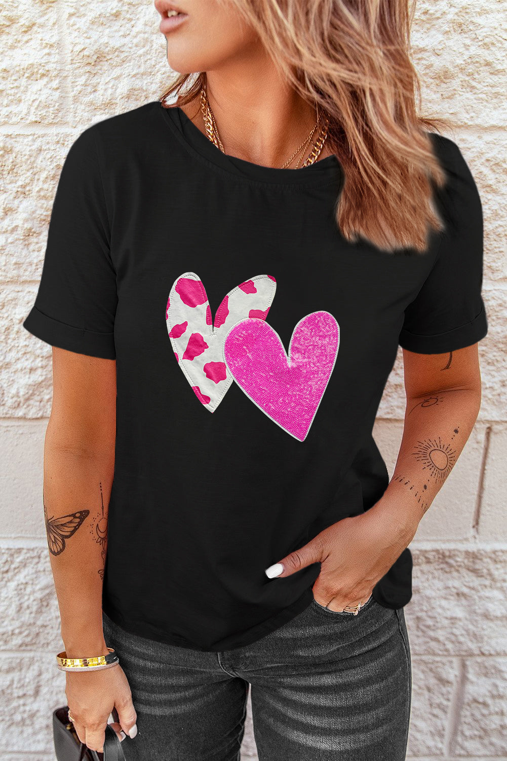 Valentines Double Heart Sequin Graphic T-shirt
