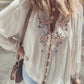 Floral Embroidered Textured Puff Sleeve Loose Shirt