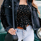 Sequin Sleeve Pocketed Raw Hem Denim Jacket