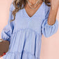 Puff Sleeve V Neck Tiered Ruffled Chambray Mini Dress