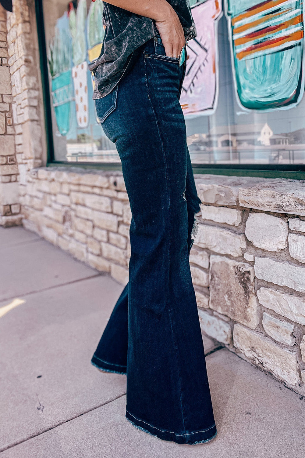 Teal High Rise Ripped Bell Bottom Jeans