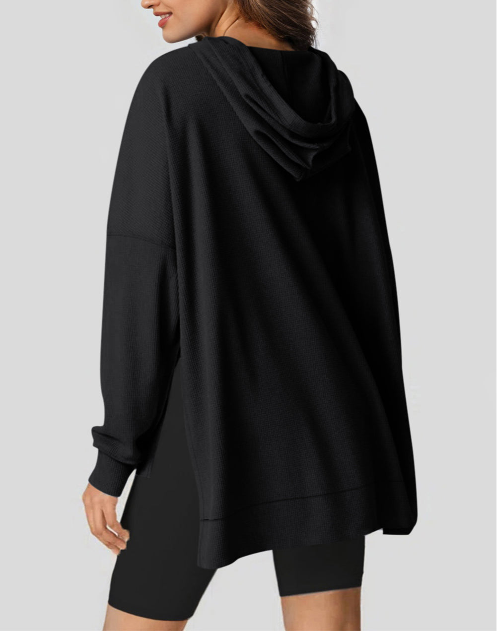Waffle Knit Fleece Lined High Low Oversized Hoodie