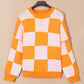 Stripe Checkered Bishop Sleeve Sweater