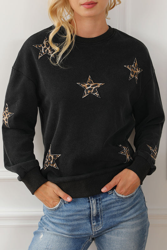 Leopard Star Patched Drop Shoulder Sweatshirt