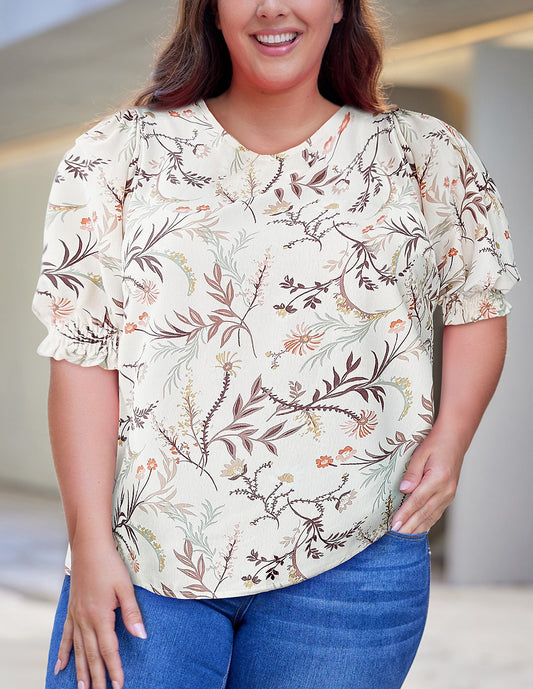 Plus Size Botanical Print Puff Sleeve Blouse