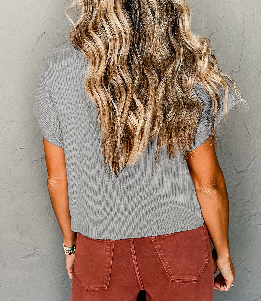 Patch Pocket Ribbed Knit Short Sleeve Sweater