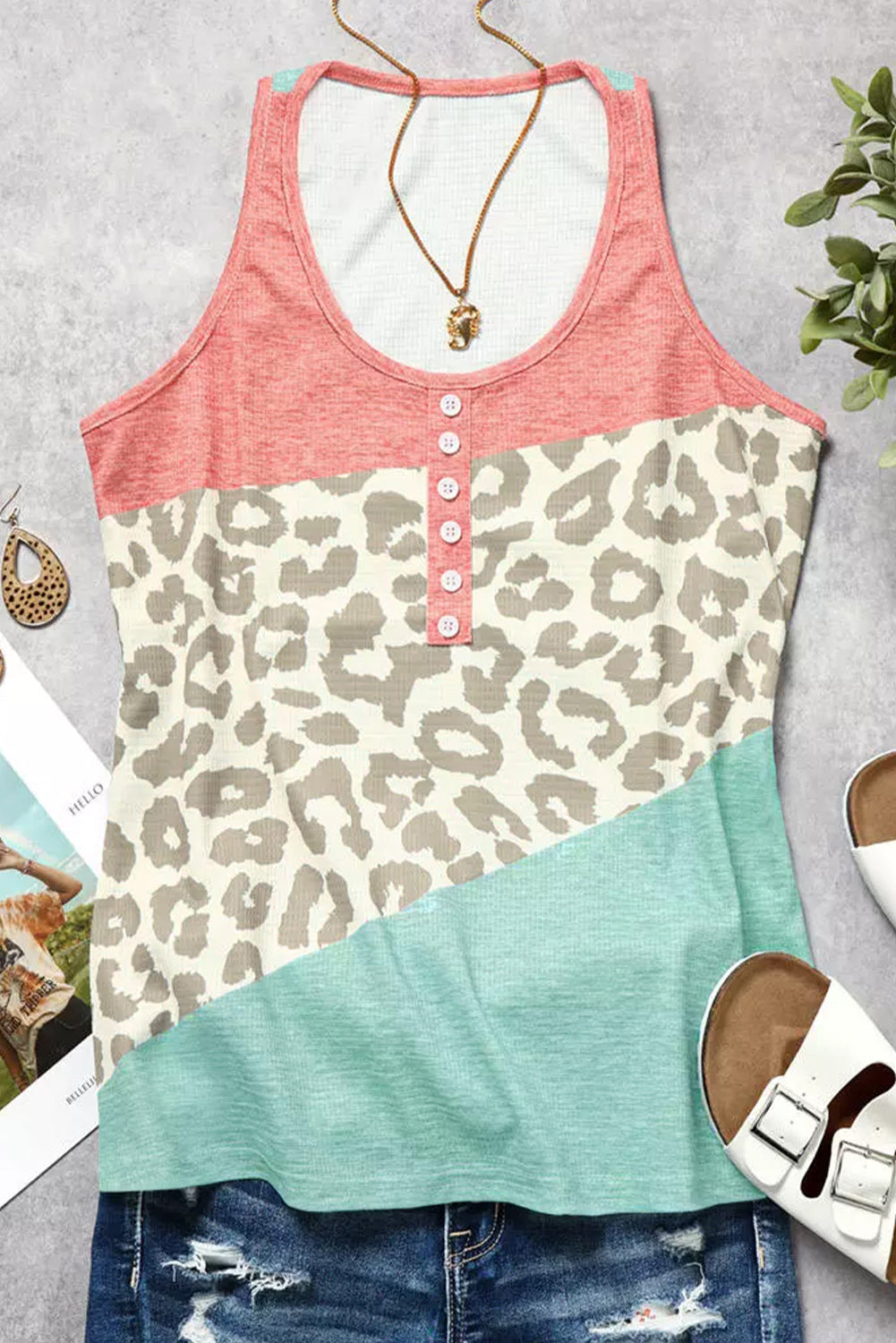 Leopard Color Block Button Casual Tank Top